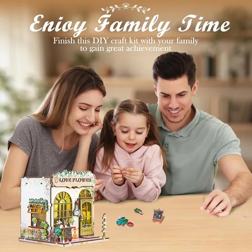 Vista 8 de Kit de rincón de libros – Kit de casa en miniatura de bricolaje con luz LED, rompecabezas de madera 3D, decoración de estantería estilo floristería