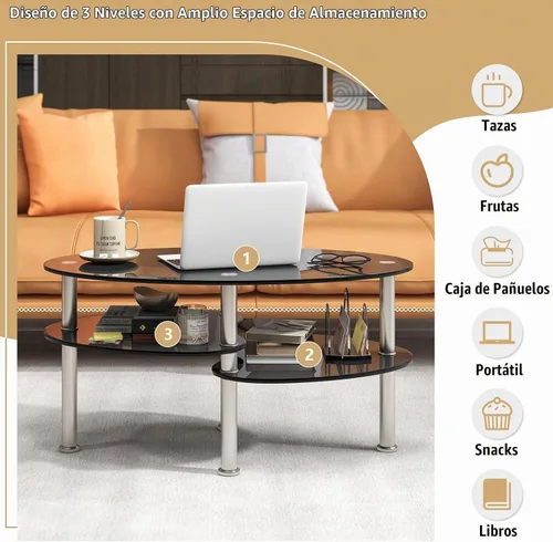 Vista 4 de Giantex Mesa de centro ovalada de vidrio templado transparente de 3 niveles con patas cromadas resistentes, mesa auxiliar de sofá pequeña, mesa
