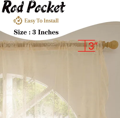 Vista 5 de Sutuo Home Juego de 2 cortinas de encaje beige, paneles transparentes de 63 pulgadas de largo, bordado floral de rosas, tratamiento de ventana