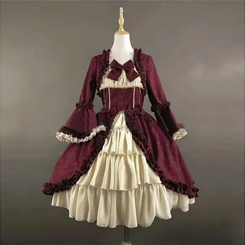 Vista 4 de uojfnhb Women's Halloween Gothic Lolita Dresses Medieval Retro Costume Square Neck Splicing Bow Tie Flare Long Sleeve Dress