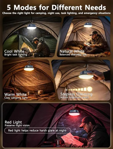 Vista 6 de Luz recargable para tienda de campaña, luz LED de camping con imán, batería de 4500 mAh, carga USB-C, linternas con 5 modos de iluminación, luz roja
