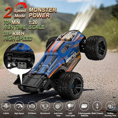 Vista 4 de Nikuku Auto de control remoto rápido, 38 KPH de alta velocidad todoterreno RC con 2.4 GHz, escala 1:20 4WD eléctrico todo terreno RC Monster Truck