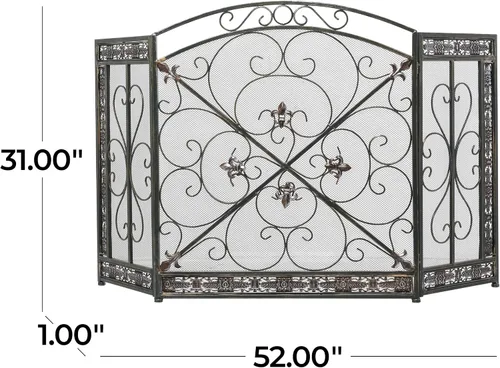Vista 6 de Deco 79 Pantalla de metal para chimenea, plegable, arqueada, 3 paneles con detalles de flor de lis, 52 x 1 x 31 pulgadas, color negro