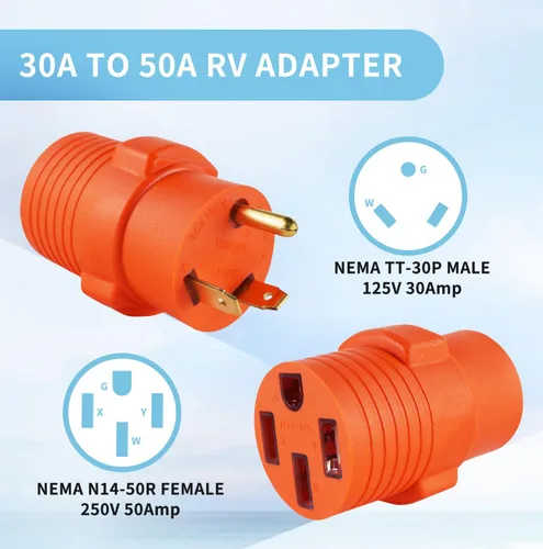 Vista 2 de Enchufe adaptador RV de 30A a 50A, TT-30P a 14-50R, 125V Macho de 30 amperios a hembra de 50 amperios