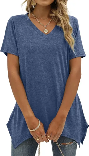 Vista 2 de Alaroo Camisetas básicas de verano para mujer, manga corta, cuello en V, túnica
