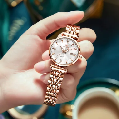 Vista 5 de OLEVS Reloj de mujer con diamantes de lujo, reloj de pulsera de oro rosa, de acero inoxidable, luminoso, impermeable, con fecha