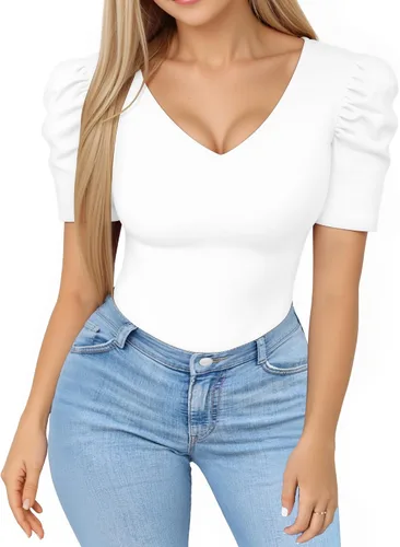 Vista 2 de MANGOPOP Body de mujer con cuello en V profundo, manga corta abombada, ajuste delgado, informal, blusa elegante