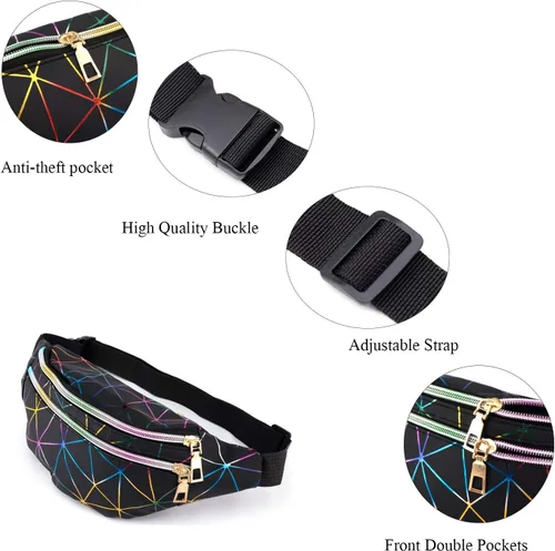 Vista 3 de 2 piezas holográficas negro oro azul rosa brillante plata púrpura Fanny Pack para mujeres gran linda cintura riñonera riñonera bolsa brillante