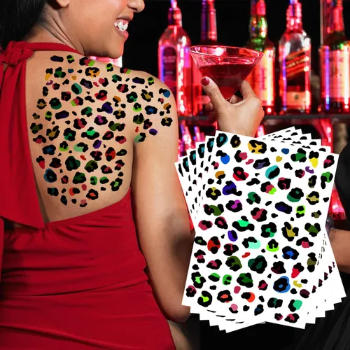 Vista 7 de Tatuajes temporales con estampado de leopardo, 6 hojas de calcomanías realistas de piel de leopardo para adultos y niños, perfectas para Halloween