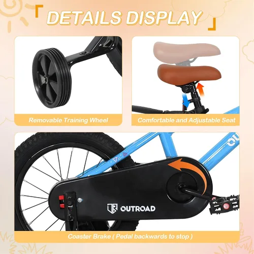 Vista 5 de Outroad - Bicicleta infantil para niños y niñas de 3 a 9 años, bicicleta para niños de 14, 16 y 18 pulgadas, con ruedas de entrenamiento, bicicletas