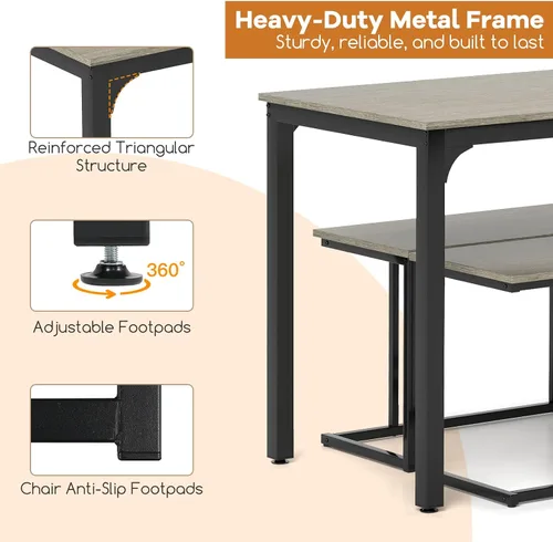 Vista 5 de GOFLAME Juego de mesa de comedor de 4 piezas para 4, mesa de comedor rectangular de madera con banco y 2 taburetes, juego de mesa de cocina