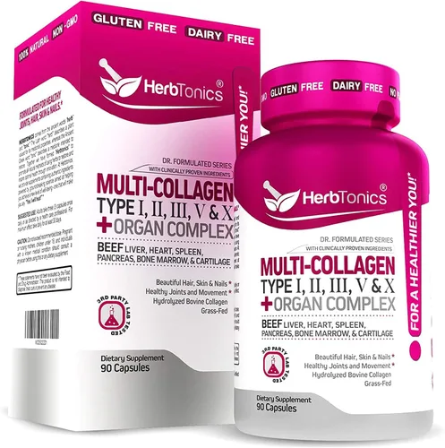 Vista 5 de Herbtonics Gomitas de colágeno múltiple con cápsulas de colágeno múltiple tipo I, II, III, V y X, péptidos de proteínas y complejo de órganos