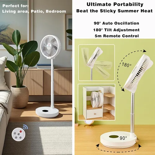 Vista 5 de Ventilador oscilante plegable recargable de 10 pulgadas, ventilador de pie con batería de 7200 mAh con control remoto, 6 velocidades y función