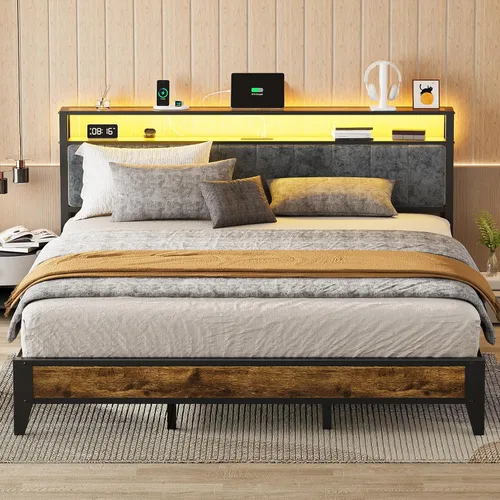 Vista 9 de OLEVS Base de cama individual con cabecera de almacenamiento con luz LED y estación de carga tipo C, base de cama de plataforma metálica