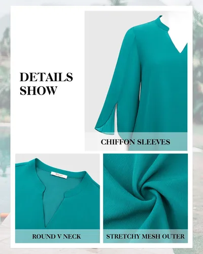 Vista 4 de Bebonnie Blusas de gasa de doble capa con cuello en V Henley con volantes y mangas 34 para mujer