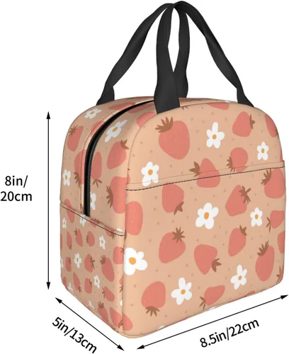 Vista 4 de Bolsa de almuerzo con aislamiento de fresas y flores, bolsa reutilizable para el regreso a clases, contenedor portátil para niños y niñas, cajas