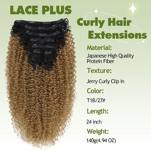 Vista 2 de Extensiones de cabello sintético con clip, extensiones de cabello sintético negro y rubio miel, extensiones de cabello rizado Jerry para mujeres