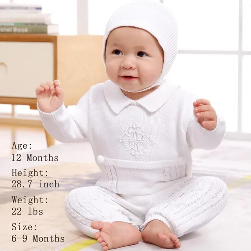 Vista 2 de Booulfi Traje de bautizo para bebé niño con sombrero, detalle de cruz