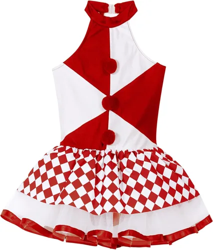 Vista 5 de JEATHA Vestido de leotardo de malla sin mangas con tutú para niñas, disfraz de payaso para Halloween, espectáculo de circo