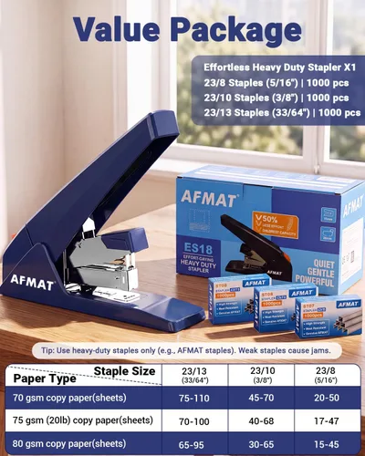 Vista 6 de AFMAT Engrapadora resistente ES18 - 100 hojas, 50% menos esfuerzo, más de Azul