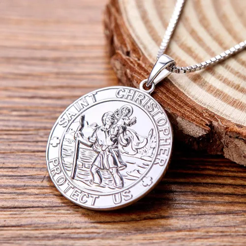 Vista 3 de YL Collar de San Cristóbal de plata de ley 925 grabado personalizado medallón protector religioso antiguo colgante de talismán medallaencajadoocket