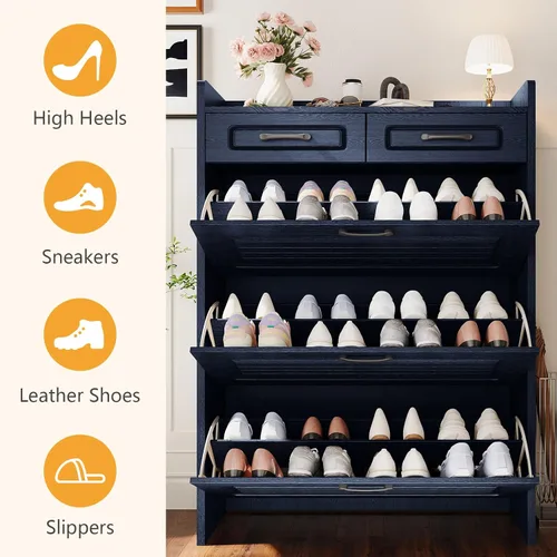 Vista 5 de Lakifun Armario organizador de zapatos estrecho con 3 cajones grandes y 2 cajones de almacenamiento, almacenamiento delgado para zapatos para Azul