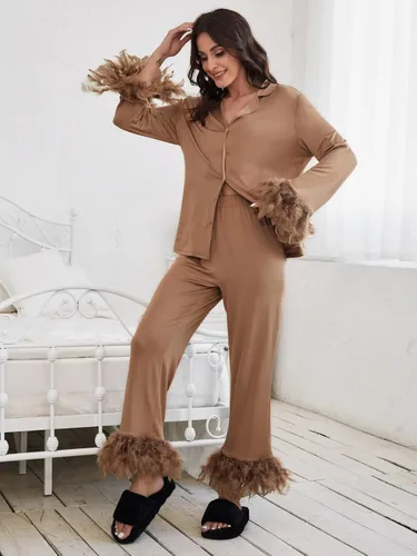 Vista 3 de WDIRARA Conjunto de pijama de 2 piezas con botones de manga larga y pantalones para mujer