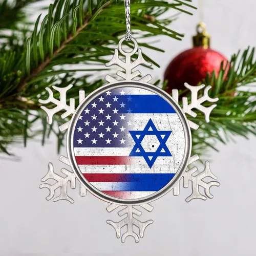 Vista 2 de Adornos de copo de nieve con la bandera estadounidense de Israel United We Stand with Israel, decoraciones de Navidad para árbol, adornos de Navidad
