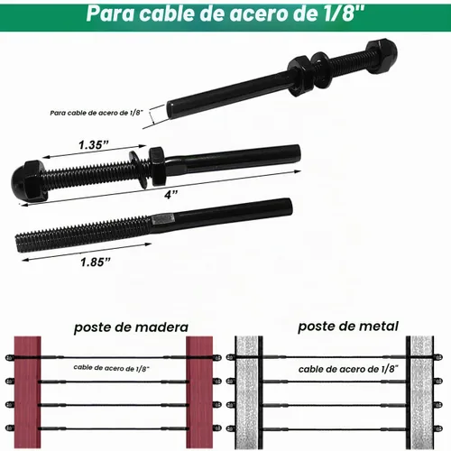 Vista 4 de Accesorios de barandilla de cable negro 1/8, kit de sistema de barandilla de cable de acero inoxidable T316, tensor de espárragos, 60 piezas