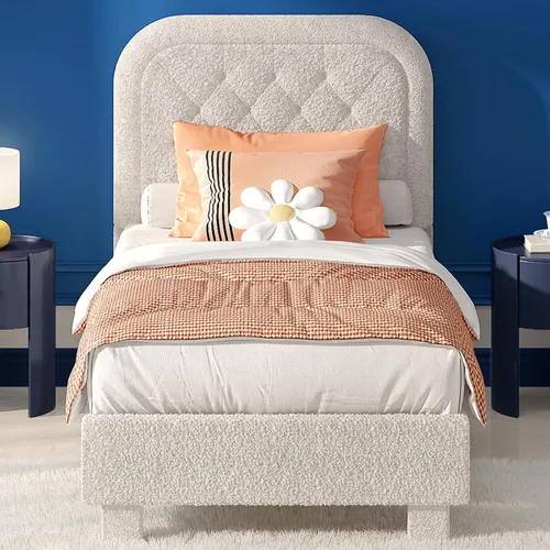 Vista 16 de VINGLI Base de cama individual para niños, cama de plataforma tapizada Boucle con cabecera ajustable, soporte de listones de madera resistente, cama