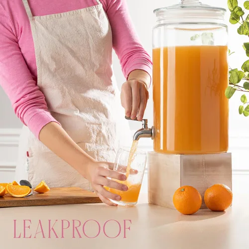 Vista 4 de Dispensador de bebidas de vidrio de 2 galones con boquilla para fiestas, soporte hermético alto y hermético para servir bebidas estilo masón