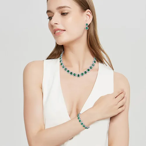 Vista 3 de EVER FAITH Precioso collar de circonita cúbica de corte redondo con piedra natal para novia, aretes y pulseras de tenis, juego de joyas de boda