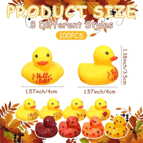 Vista 2 de Hiboom 48 patos de goma de Acción de Gracias de 1.57 pulgadas, pato de goma de otoño con hoja de calabaza impresa, juguetes de bañera con temática