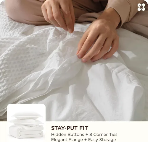 Vista 5 de Bedsure Funda de edredón de 100% algodón tamaño individual, tejido gofre, color blanco coco, GentleSoft y transpirable, juego de cama para regalo, 2