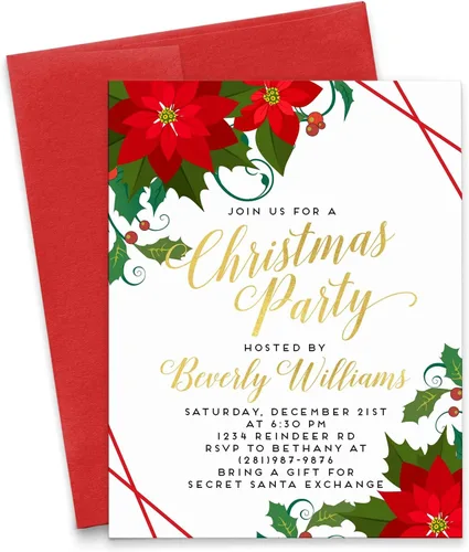 Vista 5 de Invitaciones de Navidad elegantes personalizadas con sobres, tarjetas de invitación de fiesta de cóctel de Navidad, rojo y verde, invitaciones