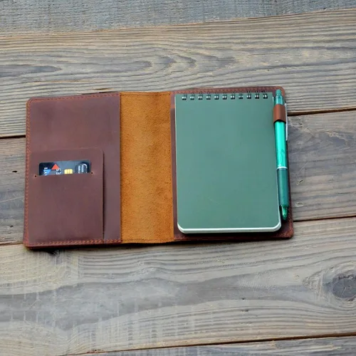 Vista 2 de JJNUSA Funda de cuero compatible con cuadernos Rite in the Rain en espiral, funda de cuero genuino envejecido para cuaderno encuadernado 3 x 5 Marrón