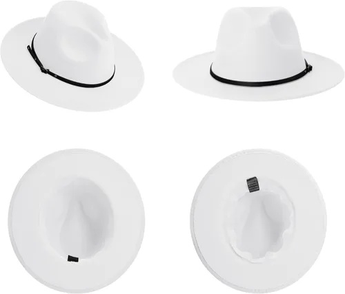 Vista 5 de Sombrero de fieltro clásico de ala ancha para niños y niñas, con lazo y hebilla de cinturón Todo blanco