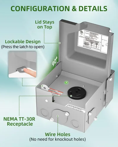 Vista 7 de Caja de toma de corriente RV de 30 amperios, caja NEMA TT-30R cerrada de 125 V, resistente a la intemperie, panel de receptáculo eléctrico