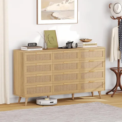Vista 5 de Rovaurx Cómoda doble de 12 cajones para dormitorio, cómoda de ratán, cómoda de madera moderna con asas doradas, mesa auxiliar para armario, sala