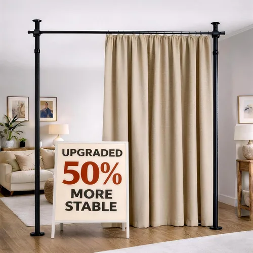 Vista 15 de Juego de cortinas divisoras de habitación, sin taladro, con barra retráctil, sin herramientas, para dormitorio, color beige, 100 pulgadas de ancho x