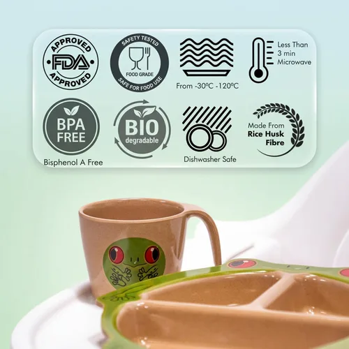 Vista 4 de Refresh-A-Baby Juego de alimentación ecológico de cáscara de arroz para niños, 4 piezas, incluye plato dividido, ventosa, cuchara, taza, sin BPA