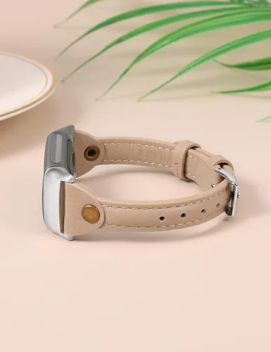 Vista 2 de Wearlizer Correa de cuero compatible con correas Fitbit Charge 5/6, correa de reloj de cuero delgada de repuesto para mujeres y hombres Beige