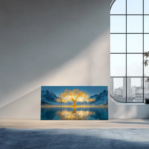 Vista 5 de SLYCAY Lienzo grande con árbol de la vida dorado para pared, pintura de paisaje, naturaleza, nieve, montaña, lago, paisaje, decoración de pared