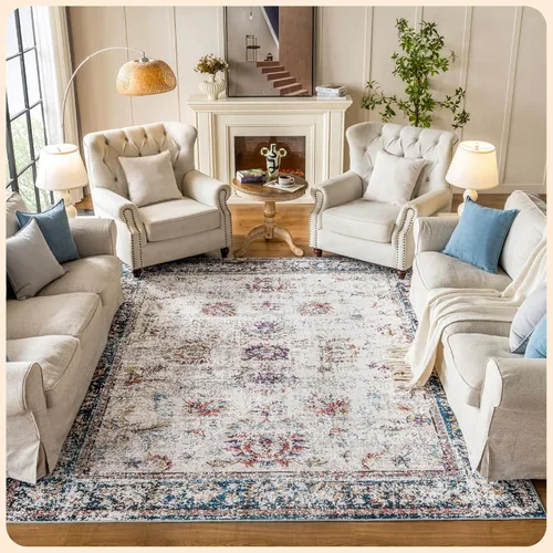 Vista 107 de Istana Alfombra larga antideslizante de 2.5 x 8 para el hogar, para pasillo y cocina, lavable, sedosa y suave al tacto, elegante, color azul y marfil