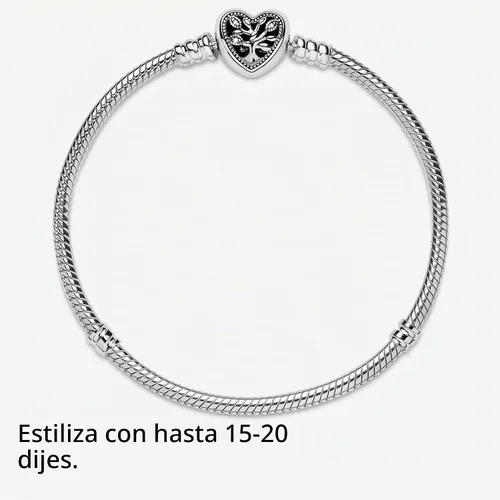 Vista 8 de PANDORA Moments Pulsera de cadena de serpiente con cierre de corazón de árbol genealógico – Dijes compatibles con Moments – Pulsera de plata de ley