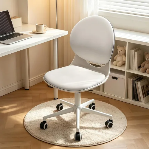 Vista 9 de Silla moderna de oficina en casa, silla de escritorio de tela de piel sintética sin brazos con respaldo medio, silla giratoria de altura ajustable