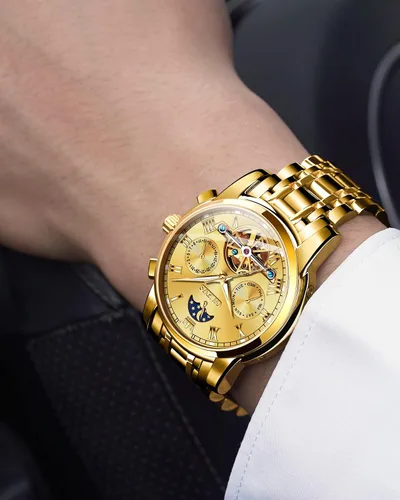 Vista 5 de OLEVS Relojes automáticos para hombre diseño de esqueleto Tourbillon cuerda automática reloj de pulsera de lujo fase lunar fecha impermeable