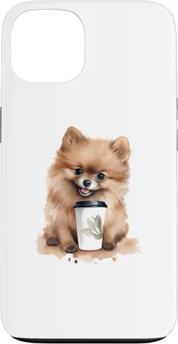 Vista 7 de iPhone 16 Pomerania perro con café estilo acuarela caso