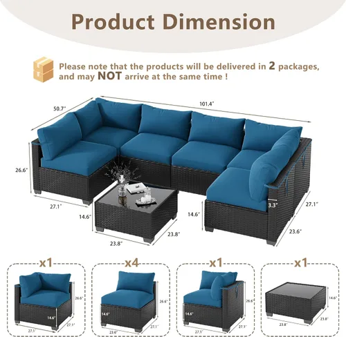 Vista 2 de Juego de 7 muebles de patio al aire libre, sofá seccional al aire libre, muebles de mimbre para patio, juego de conversación de patio con mesa