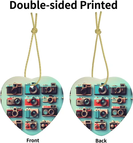 Vista 3 de Retro Cool Camera Collection Print Christmas Tree Ceramic Heart Shape Hanging Ornament, Christmas Home/Mall Decor
